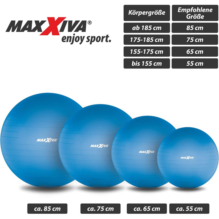 Фітбол MAXXIVA 85 см анти-вибуховий, з насосом, до 250 кг, синій, для йоги, пілатесу, реабілітації, фітнесу та домашніх тренувань