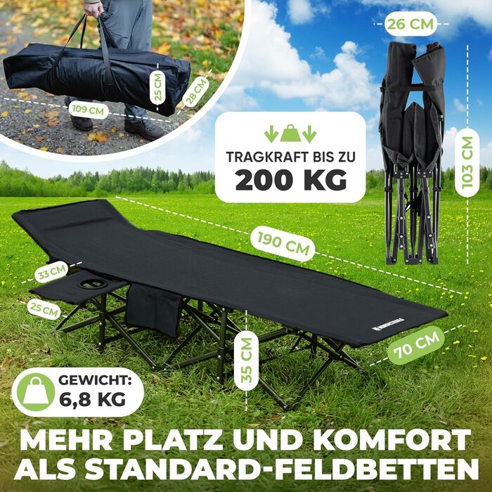 NORDICTRAILS Кемпінгове ліжко NORDICTRAILS - розкладне ліжко для кемпінгу XXL | Зручне, легке та широке для відпочинку на природі | Гостьове ліжко, лежак, розкладне ліжко, ліжко для риболовлі, ліжко для кемпінгу з надзвичайно м'яким матрацом (Без матраца,