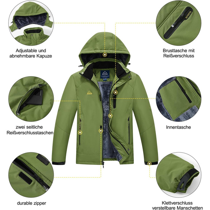 Чоловіча зимова куртка YSENTO, водонепроникна, тепла флісова підкладка, софтшелл, дихаюча, для катання на лижах та сноуборді з капюшоном (L, Зелений)
