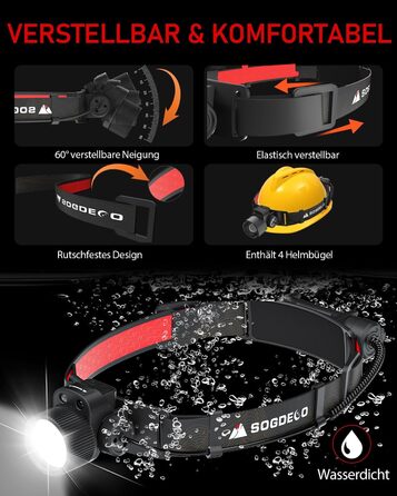 Ліхтар на лоб LED Sogdeco 5000 люмен, акумуляторний, IP68, сенсор, червоне світло, для кемпінгу та виживання