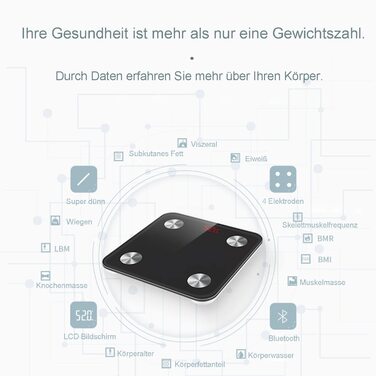 Ваги для вимірювання жиру в тілі Nilpferd, цифрові ваги, аналіз складу тіла з APP та Bluetooth, 180 кг, високоточні сенсори, сумісність з iOS та Android, батареї в комплекті, чорний