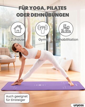 Килимок для йоги Unycos: антиковзаюча поверхня, висока щільність 6/10/15 мм, з сумкою, для пілатесу та фітнесу, колір ліловий, розмір 183*66*1 см.