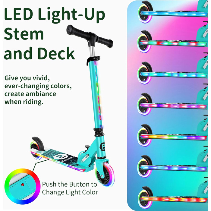 Белеїв V2 Роликовий Самокат для Дітей 6 років, з LED-підсвічуванням, регульована висота, гальма, для дівчаток та хлопчиків 3-12 років (Аква)
