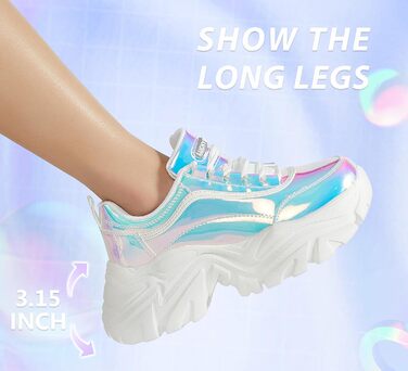 Кросівки жіночі LUCKY STEP Chunky на платформі, білі голографічні (42 EU) - зручні кеди на підборах