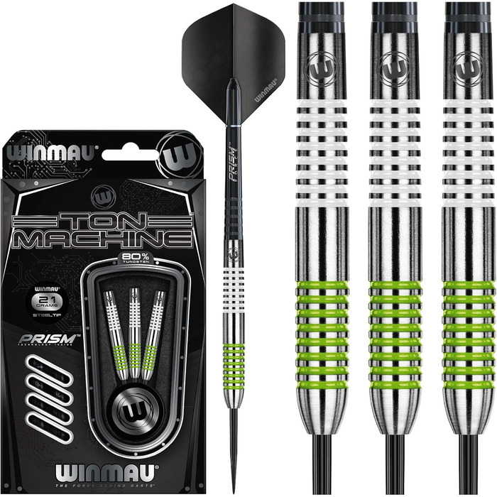 Дротики WINMAU Ton Machine 21 г, професійні, вольфрамові, сталевий наконечник, з оперенням і стрижнями