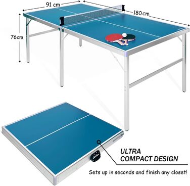 Стіл для пінг-понгу складний, Indoor, з сіткою, м'ячами та ракетками, блакитний 180x90x76 см