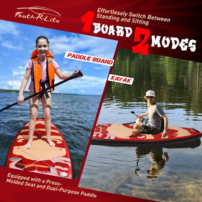 Надувна SUP-дошка FEATH-R-LITE 11' для дорослих з ручним насосом, веслом 2 в 1, сидінням, фіксатором, сухим мішком і водонепроникним чохлом для телефону, універсальна дошка для веслування стоячи