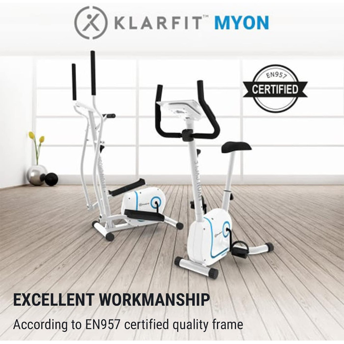 Велотренажер KLAR FIT Myon Cycle з маховиком 12 кг, ремінний привід SilentBelt, 8 рівнів навантаження, вимірювач пульсу, регульована висота сидіння, підставка для планшета, білий