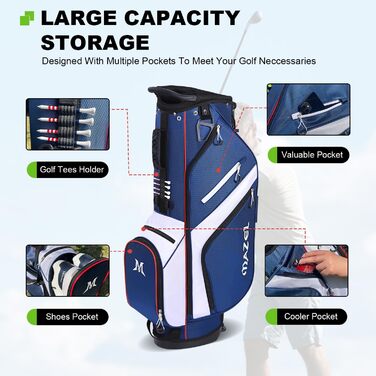 Гольф-сумка MAZEL з 6-ма перегородками, 7 водонепроникними кишенями, великим об'ємом, водонепроникним матеріалом та посиленим підпоясним ременем, легка, синього кольору