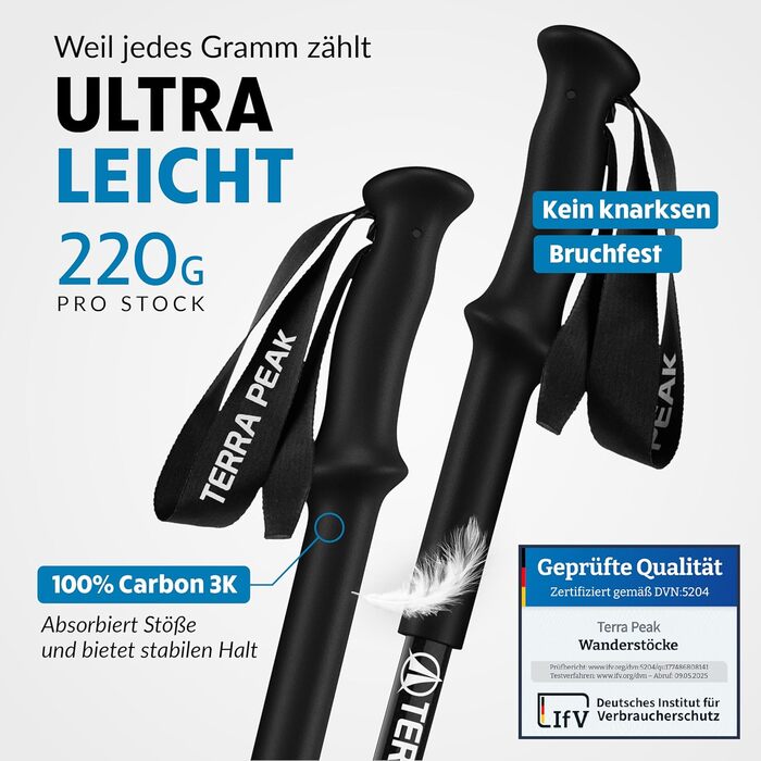 Трекінгові палиці Terra Peak® Premium Carbon Teleskop - для жінок та чоловіків, регульовані, з мікрофібровим рушником