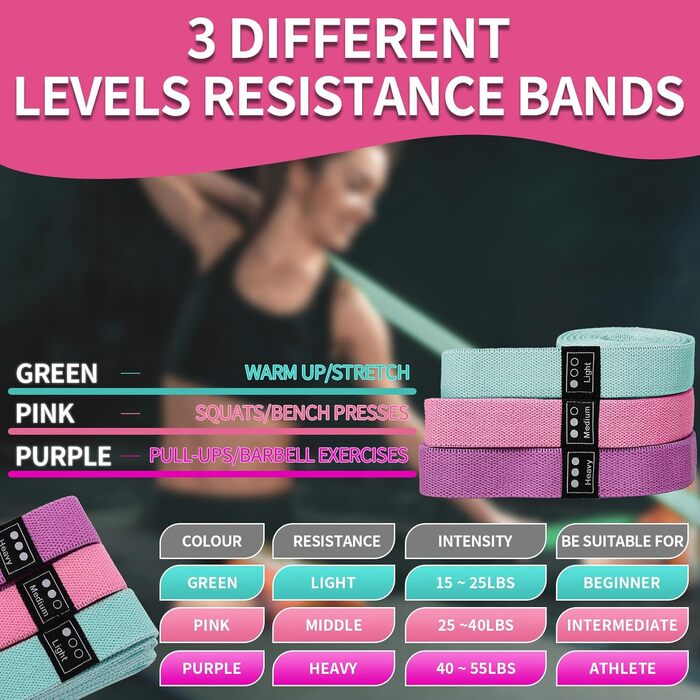 Набір еластичних стрічок для фітнесу (3 шт.), стрічки опору з 3 рівнями, фітнес-стрічки для жінок/чоловіків, силові тренування, йога, пілатес, рожевий