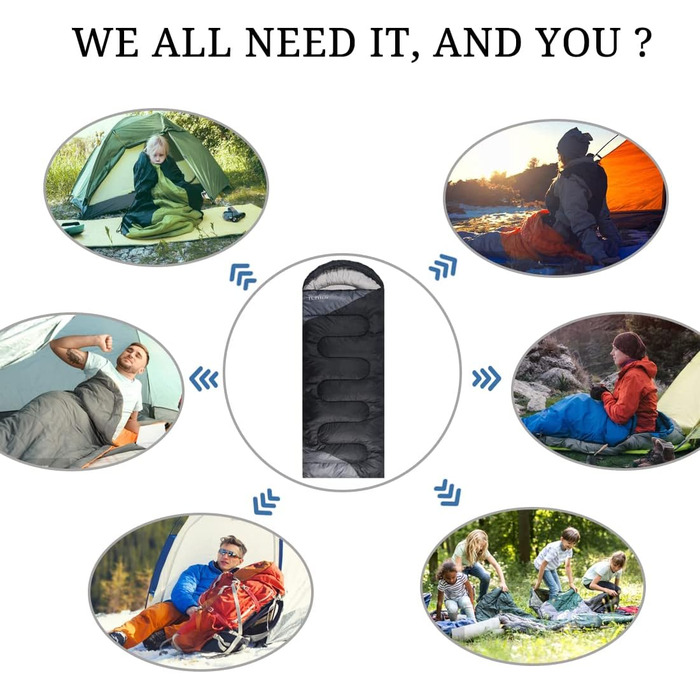 Спальний мішок 3-4 сезони для дорослих та дітей - легкий, водонепроникний, для кемпінгу та подорожей (86.61''x31.49'', темно-сірий)