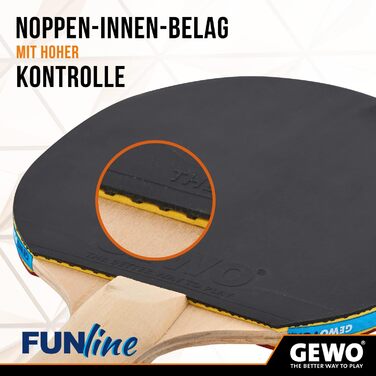 Набір для настільного тенісу GEWO Fun – одиночні або комплекти (1-4 ракетки, м'ячі, сумка, сітка) – для початківців, хобі та відпочинку. Поверхня: Noppen-Innen, конкавний грип. Комплектація: 4 ракетки + 10 м'ячів + сумка (конкавна)