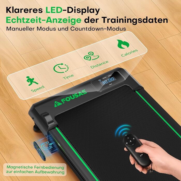 Walking Pad - біговий доріжки для дому з регулюванням нахилу до 9%, потужність 2.5HP, LED-дисплей, пульт дистанційного керування, 12 програм, подвійне амортизація, до 150 кг, чорно-зелений