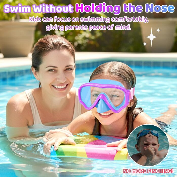 Дитячі маски для снорклінгу Vvinca: маска та трубка для плавання, 180° панорама, антизабруднення, для дітей 3-14 років (блакитний+фіолетовий)