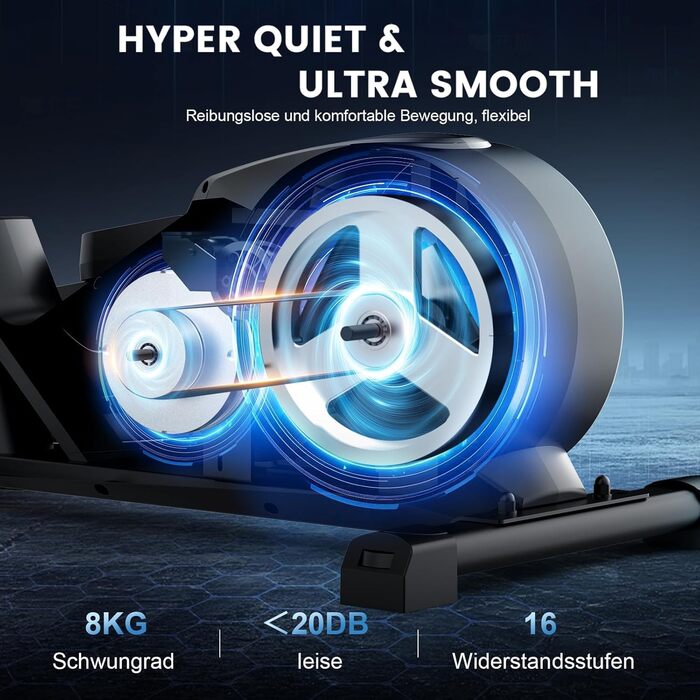 Еліпсоїдний тренажер для дому, ультратихий магнітний тренажер з 16 рівнями опору, 8 кг маховик, 42 см довжина кроку, LCD-монітор, датчик пульсу, максимальна вага користувача 150 кг, чорний колір, LCD монітор (Classic)