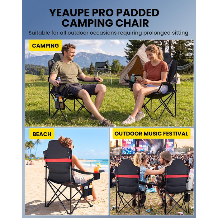 Складаний кемпінговий стілець YEAUPE PRO XL: комфортне м'яке сидіння з високою спинкою, витримує до 150 кг, багатофункціональний стілець для рибалки, карповий та для фестивалів