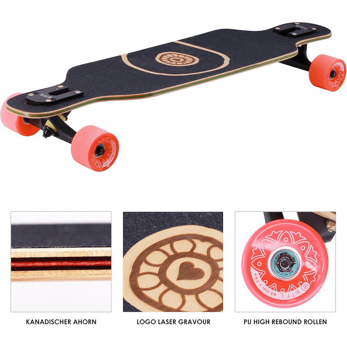 Longboard BTFL MAYA для дітей від 5 років з підшипниками ABEC 9, Drop Through Cruiser, скейтборд для початківців та досвідчених райдерів, фрірайд та для вулиць