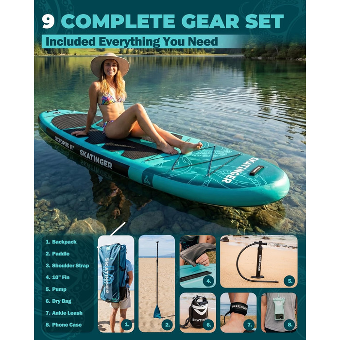 Надувне SUP дошка Skatinger 335 x 86,4 см, 190 кг, для 2 осіб, з веслом та ременем, зелена