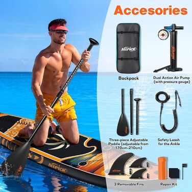 Набір SUP-дошки ALLPICK Premium: надувна дошка для сапсерфінгу з кріпленням для камери, повний комплект аксесуарів, регульоване весло, для початківців та досвідчених, 200 кг (Колір: Захід сонця - Оранжевий)