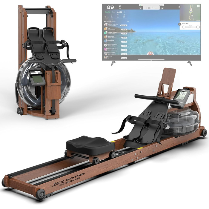 Гребний тренажер JOROTO MR380/MR390 для дому: складаний, з дуба, 28л бак, Bluetooth монітор, 158кг, з підставкою для телефону/планшету