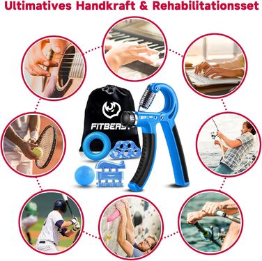 FitBeast Тренажер для рук та пальців, набір 5 шт. - регульований тренажер, тренажер для пальців, тренажер зап'ястя, кільце для тренувань та куля для зняття стресу (Світло-блакитний)