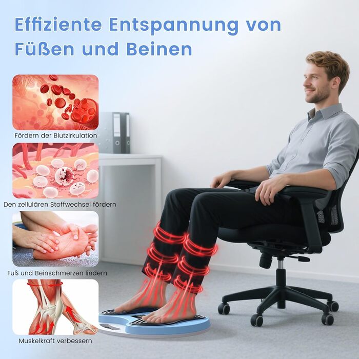 Масажер для ніг та стегон EMS, стимулятор кровообігу – покращує циркуляцію крові, знімає втому ніг та стегон, з 4 електродами TENS, блакитний/сірий