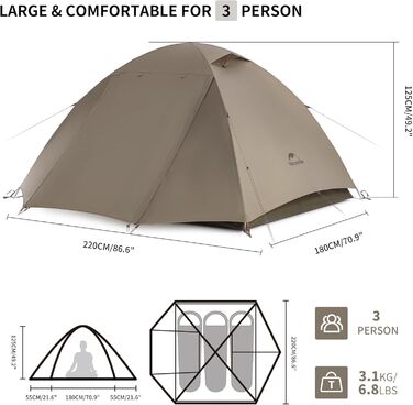 Намет Naturehike Cloud Creek 2-3 особи, Ultraleicht, 7001 Алюміній, Захист від сонця та Водонепроникність, для туризму та кемпінгу (Коричневий/3 особи)