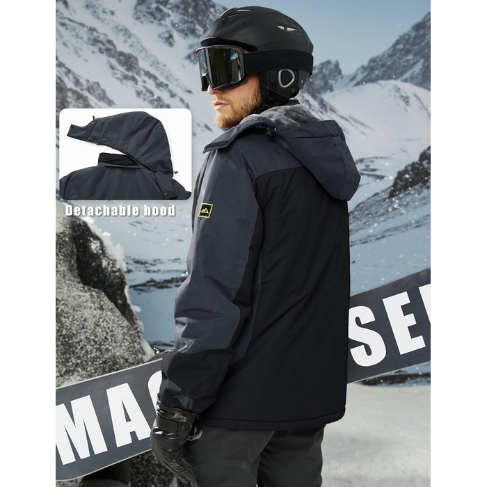 MAGCOMSEN Куртка зимова чоловіча тепла з підкладкою, водонепроникна, для катання на сноуборді та лижах, туристична, робоча знімною капюшоном (Чорно-сірий, XL)