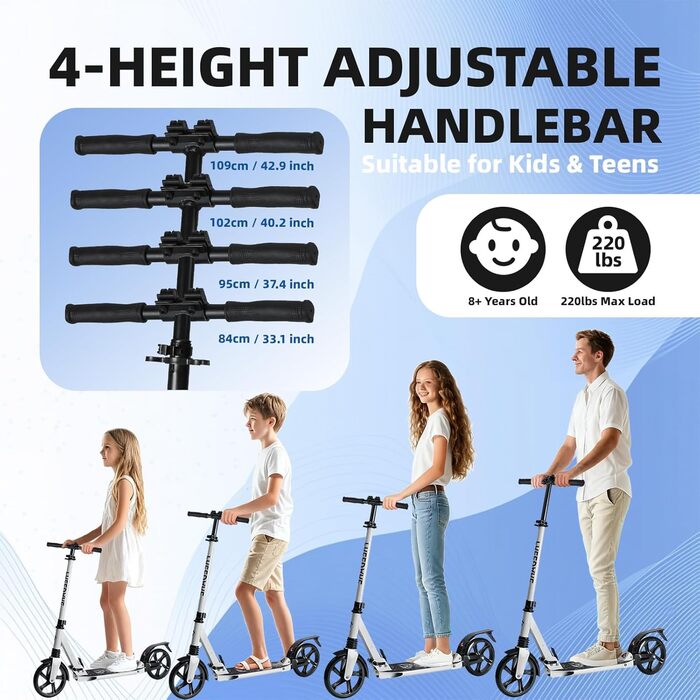 Міський роликовий самокат FREEDARE для дітей та дорослих. Складаний, з колесами 200 мм, регулювання висоти, до 100 кг, білий + сумка для транспортування