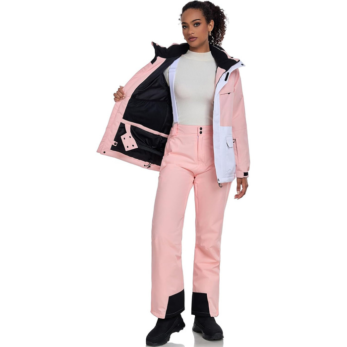 WOWULOVELY Жіночий зимовий костюм для катання на лижах, водовідштовхуючий, вітрозахисний, комплект куртки та штанів, ізольований сноубордний костюм, білий (XL, рожевий)