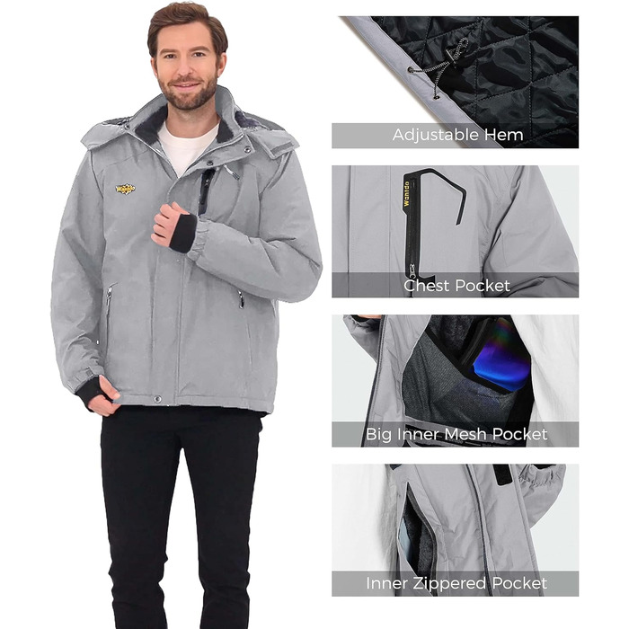 Чоловіча гірськолижна куртка Wantdo: теплий флісовий мантель, водонепроникна та дихаюча, з капюшоном, вітрозахист, сірий колір, розмір XL