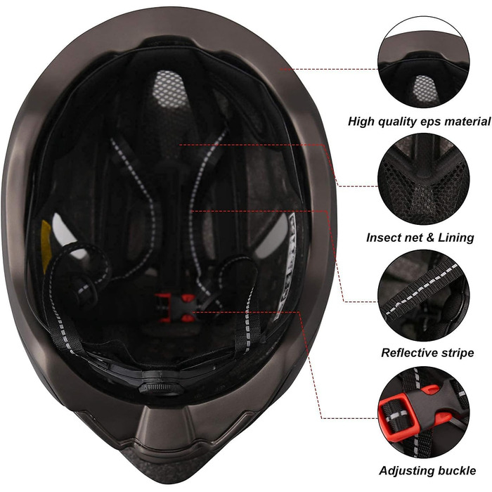 Велосипедний шолом Shinmax з LED-підсвіткою, USB-зарядка, знімне магнітне візор, легкий міський/MTB шолом для дорослих, регульований, дихаючий, 57-62 см, чорний титан
