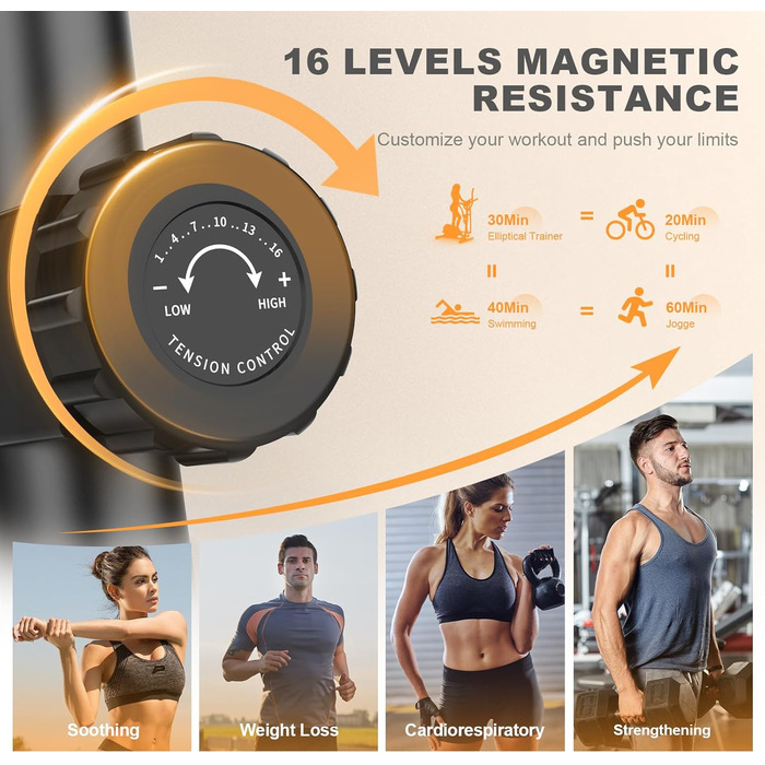 Еліптичний тренажер Neezee з Bluetooth, 16 рівнів опору, 6 кг маховиком, LCD-монітором та датчиком пульсу (Оранжевий + Чорний)