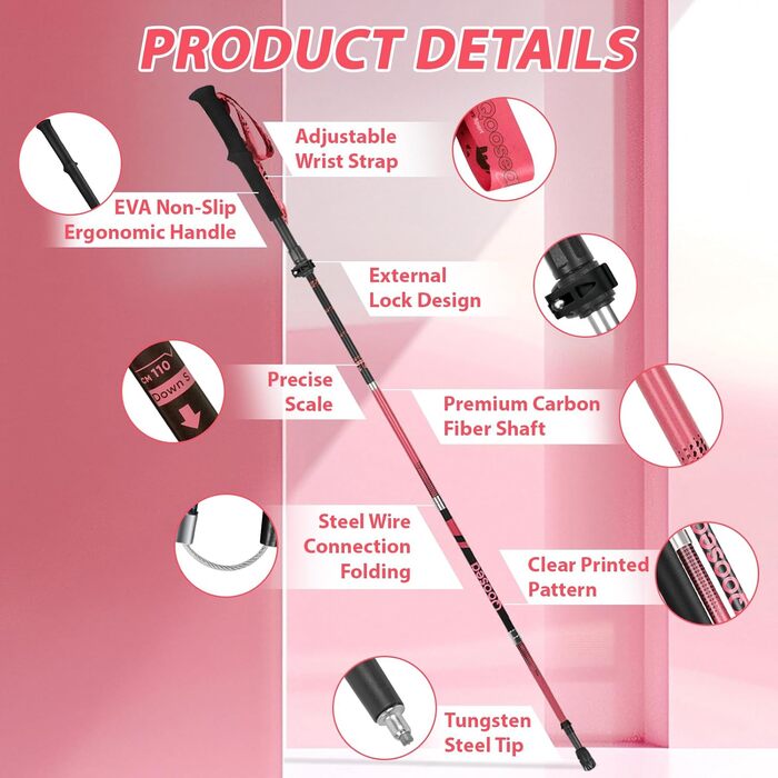 Телескопічна палиця для скандинавської ходьби Qoosea (110-125 см), карбонова складана трекінгова палиця для гікінгу та гірських лиж, синя