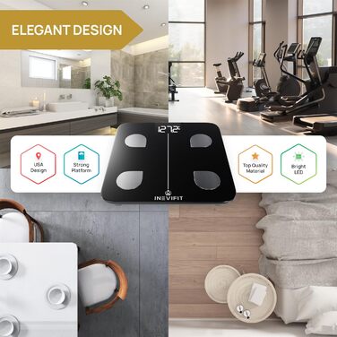 INEVIFIT Розумна ваги-аналізатор жиру, цифрова Bluetooth вага для ванної, вимірює вагу, жир, вісцеральний жир і кісткову масу, чорна