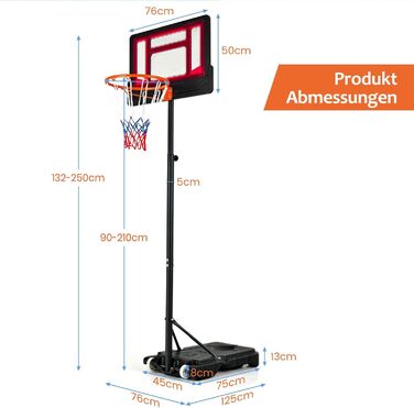 Баскетбольний кошик GOPLUS для дітей та підлітків, регульована висота 90-210см, портативний стійкий баскетбольний стенд з колесами та щитом 76x50см (Червоний)