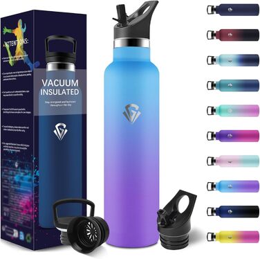 Термос-пляшка 1000 мл, нержавіюча сталь, з соломкою, без BPA, подвійні стінки, для води та газованих напоїв (блакитний & фіолетовий)