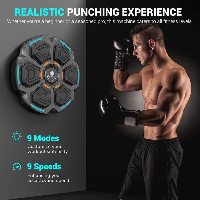 Музична бокс-машина Viriech з LED-підсвічуванням та боксерськими рукавичками, Bluetooth, настінний монтаж, 9 режимів швидкості та режим підрахунку, подарунок для дітей та дорослих