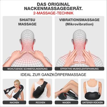 Масажер для шиї Donnerberg Shiatsu з підігрівом, вібрацією, TÜV сертифікований, гарантія 7 років, чорний