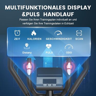 Еліпсоїдний тренажер для дому, ультратихий магнітний тренажер з 16 рівнями опору, 8 кг маховик, 42 см довжина кроку, LCD-монітор, датчик пульсу, максимальна вага користувача 150 кг, чорний колір, LCD монітор (Classic)