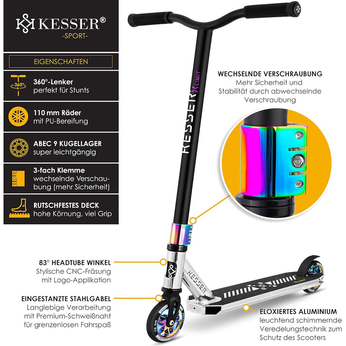 Трюковий самокат KESSER X-Limit-Pro 360° з підніжкою, підшипниками ABEC 9, 110 мм PU колесами, для дітей і дорослих