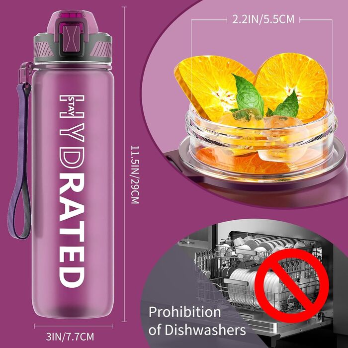 Спортивна пляшка для води 1л Tritan без BPA з трубочкою, з маркуванням часу та щіткою, для фітнесу, школи, йоги, активного відпочинку (1 шт., Рожевий)