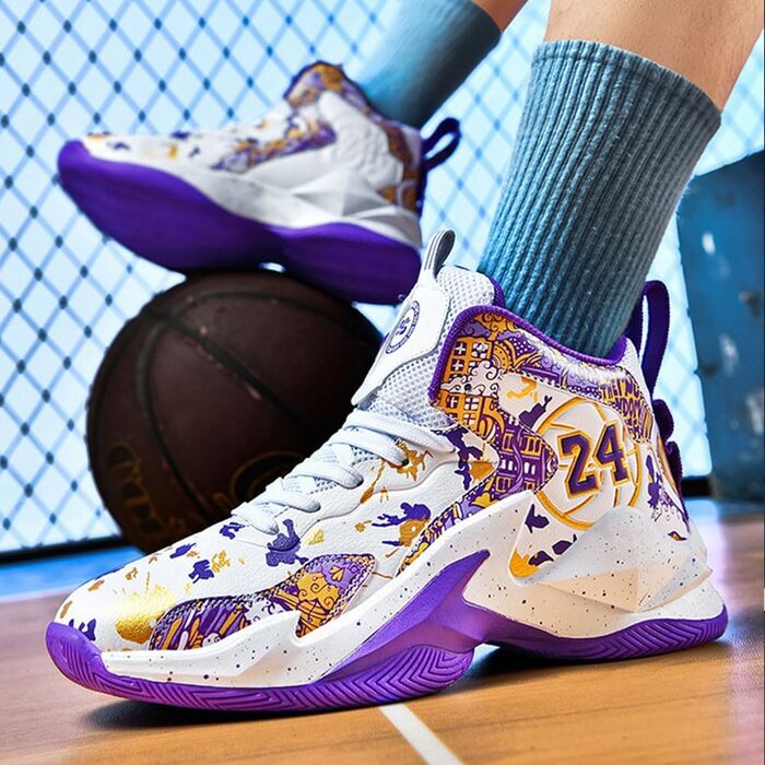 Баскетбольні кросівки для чоловіків та хлопців, високий верх, антиковзаюча підошва, спортивні кросівки для осені/зими, розміри 35-45 EU, чорно-білі (43 EU, фіолетово-білі)