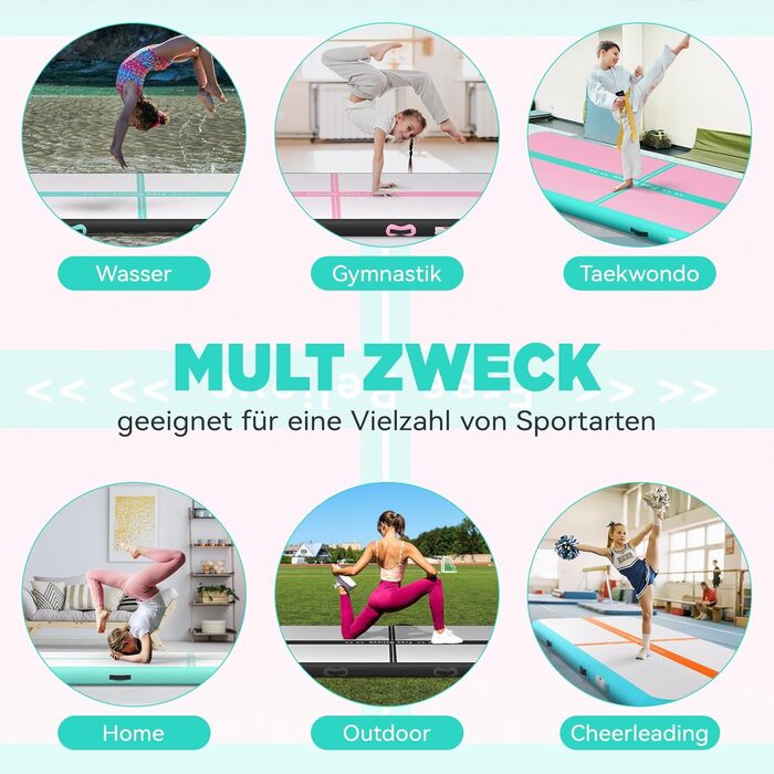 Мата Airtrack Matte для гімнастики, йоги та тренувань: 2/3/4/5/6м, 10/15см товщина, з електричним насосом 600W, для дому, на вулицю, фітнес, гімнастика, зелено-рожевий колір