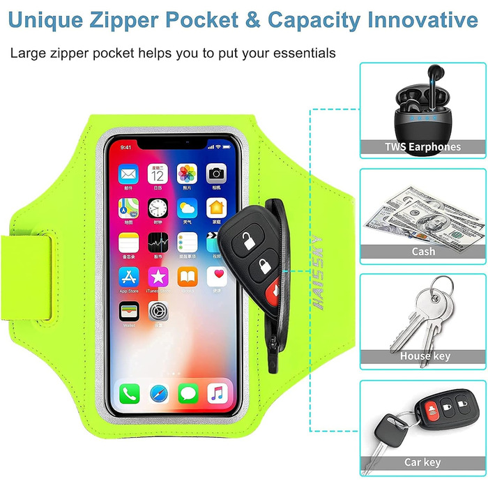 Спортивний браслет на руку для бігу з кишенькою для телефону та ключами, підходить для iPhone 17/16/15/14/13/12/11 Pro Max/Plus, зелений (до 6.9 дюймів)