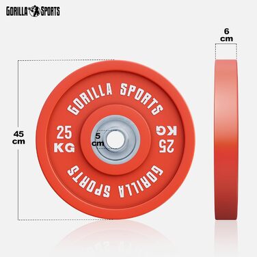 Бамперні диски GORILLA SPORTS 50 мм, гумовані, 5-25 кг – олімпійські вагові плити з чавуну для штанги