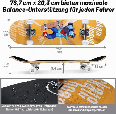 Скейтборд BELEEV Cruiser 31x8 дюймів для дітей та підлітків, 7-шаровий канадський клен, Double Kick, жовтий (комплект з T-інструментом)