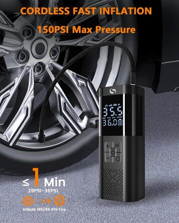 Електричний компресор SERVOMASTER 150PSI, портативний насос з манометром і LED, акумуляторний, для авто, мотоцикла, велосипеда, м'ячів