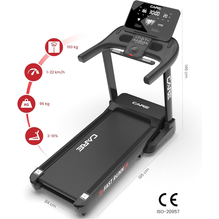 CARE FITNESS Fast Runner SP: Електричний біговий тренажер з регулюванням нахилу та складний - до 22 км/год, 20 рівнів нахилу, 57 програм, Kinomap